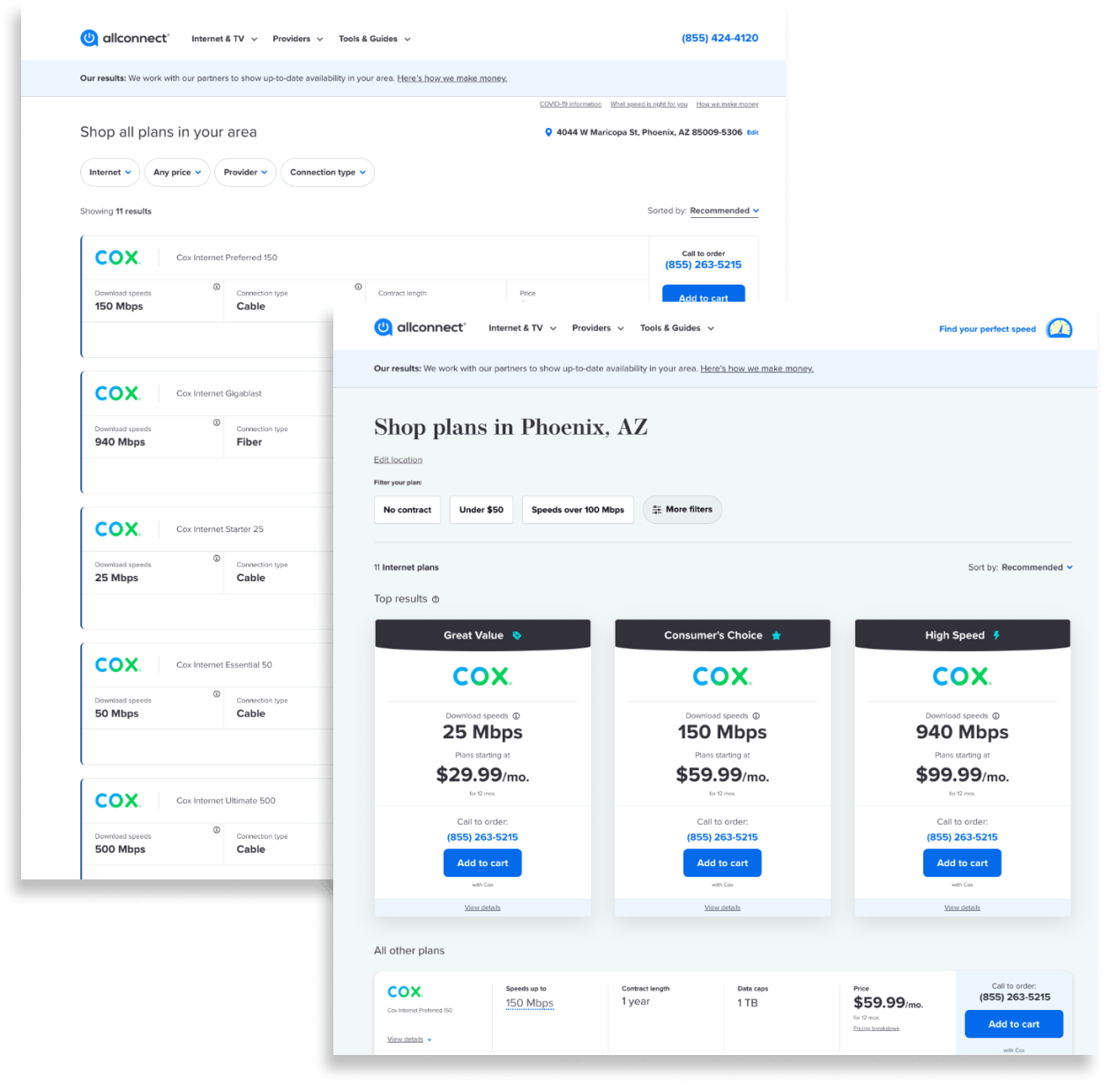 Two
                  screenshots of the same internet comparison marketplace view, where the
                  previous design is layered under the newly designed page