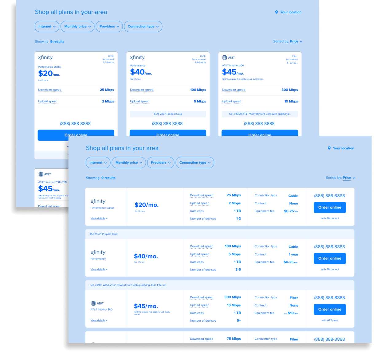 Two wireframe mockups of the same screen with different visual
                  treatments of the internet product cards