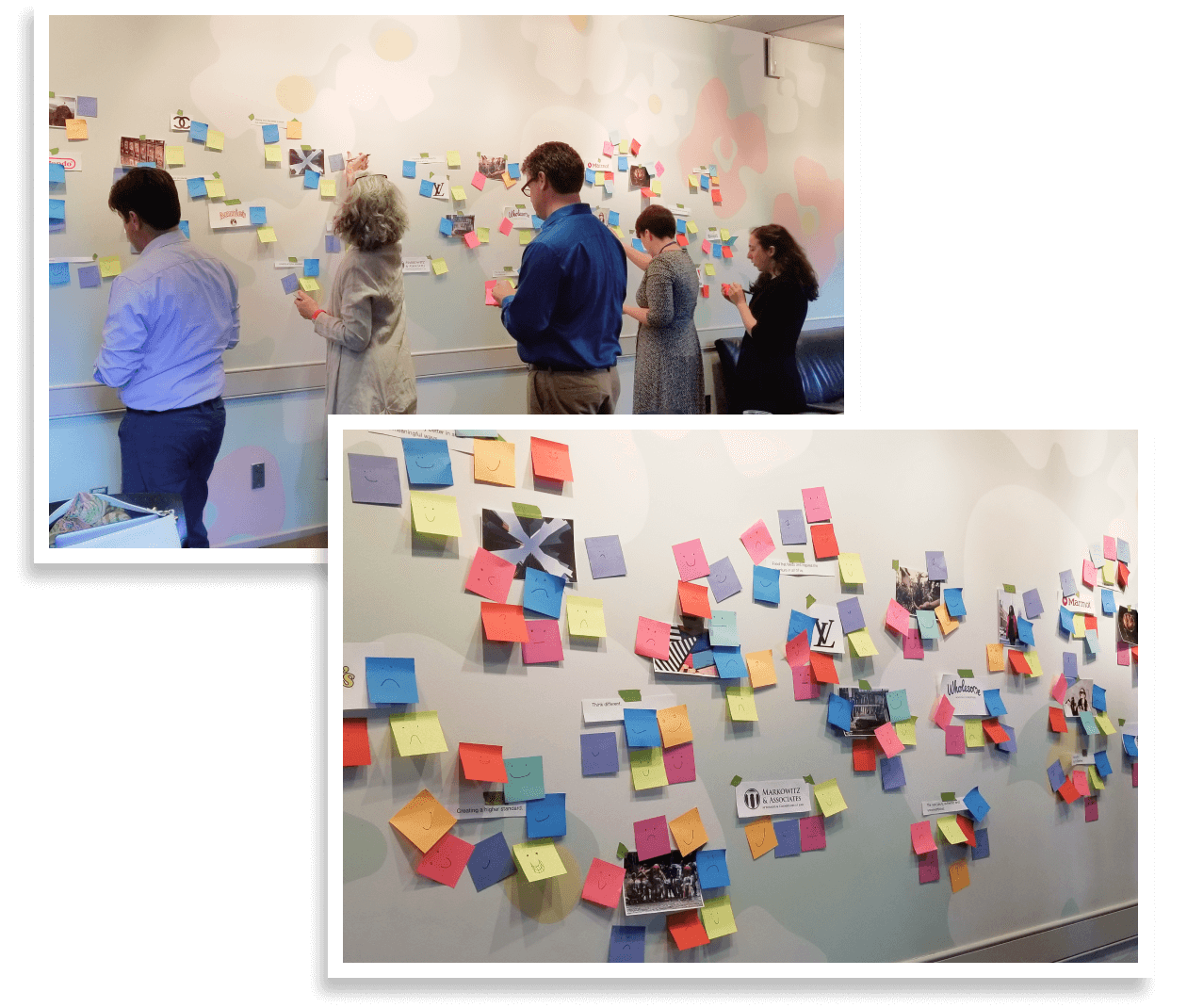 Two photographs from the on-site workshop of a wall of sticky
                  notes, one photo with participants and one without