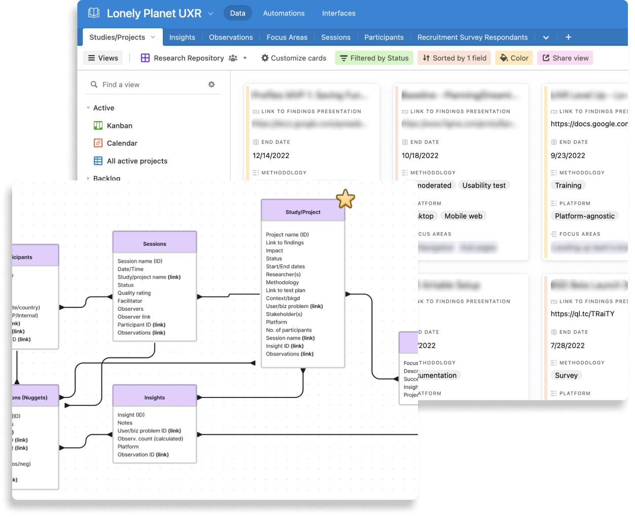 Screenshot of the database relational diagram over a screenshot of
                  the current Airtable repository