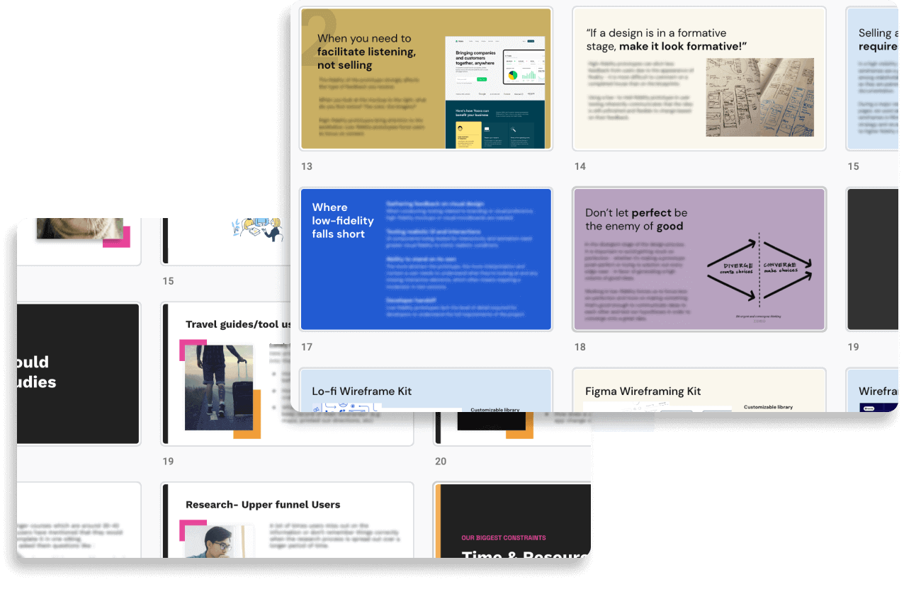 Screenshots of a grid of slides from two previous presentations,
                  one about low-fidelity testing and one about diary studies