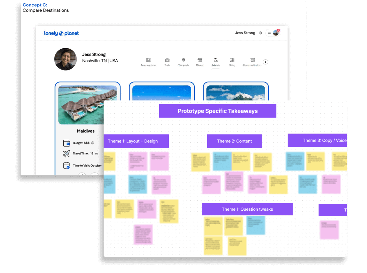 Slide with an early design concept behind a screenshot of a digital
                  whiteboard with an affinity mapping exercise